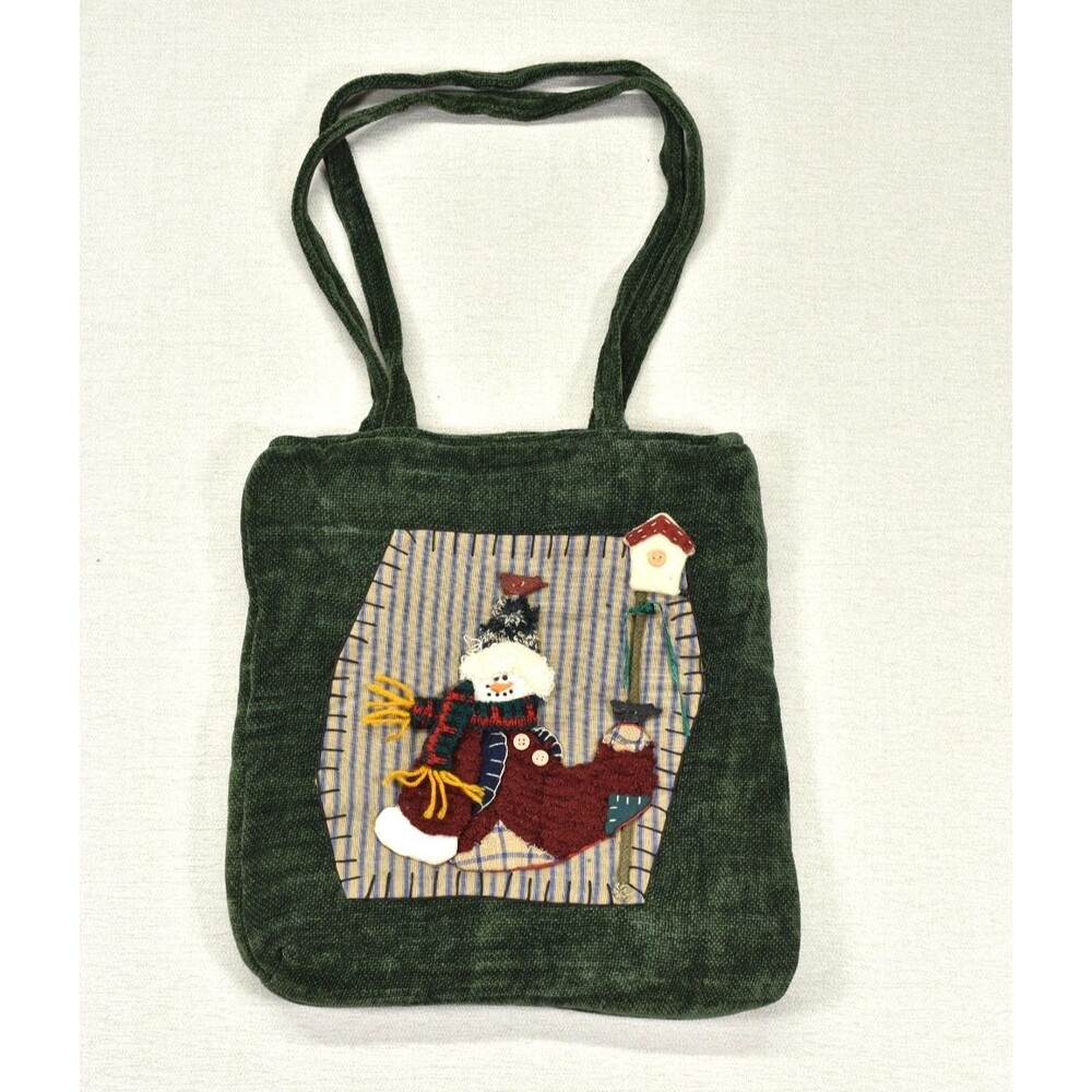 Holiday Purse Snowman Christmas Applique Shoulder Bag Tote Green Double Strap